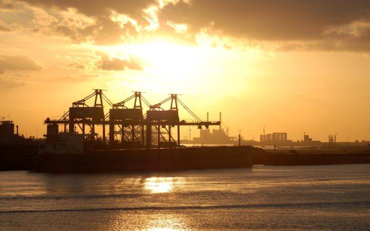 photography, Industrial, Cranes (machine), Sunset, Harbor, Sea, Water, Ship, Ports HD Wallpaper Desktop Background