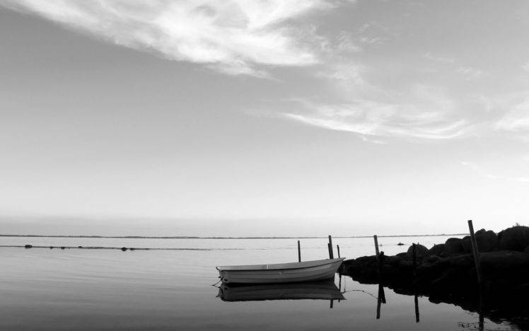 photography, Monochrome, Sea, Water, Reflection, Boat, Coast HD Wallpaper Desktop Background