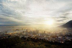 photography, Sunrise, Urban, Cityscape, Sun rays, Water, Sea, City, Cape Town, South Africa