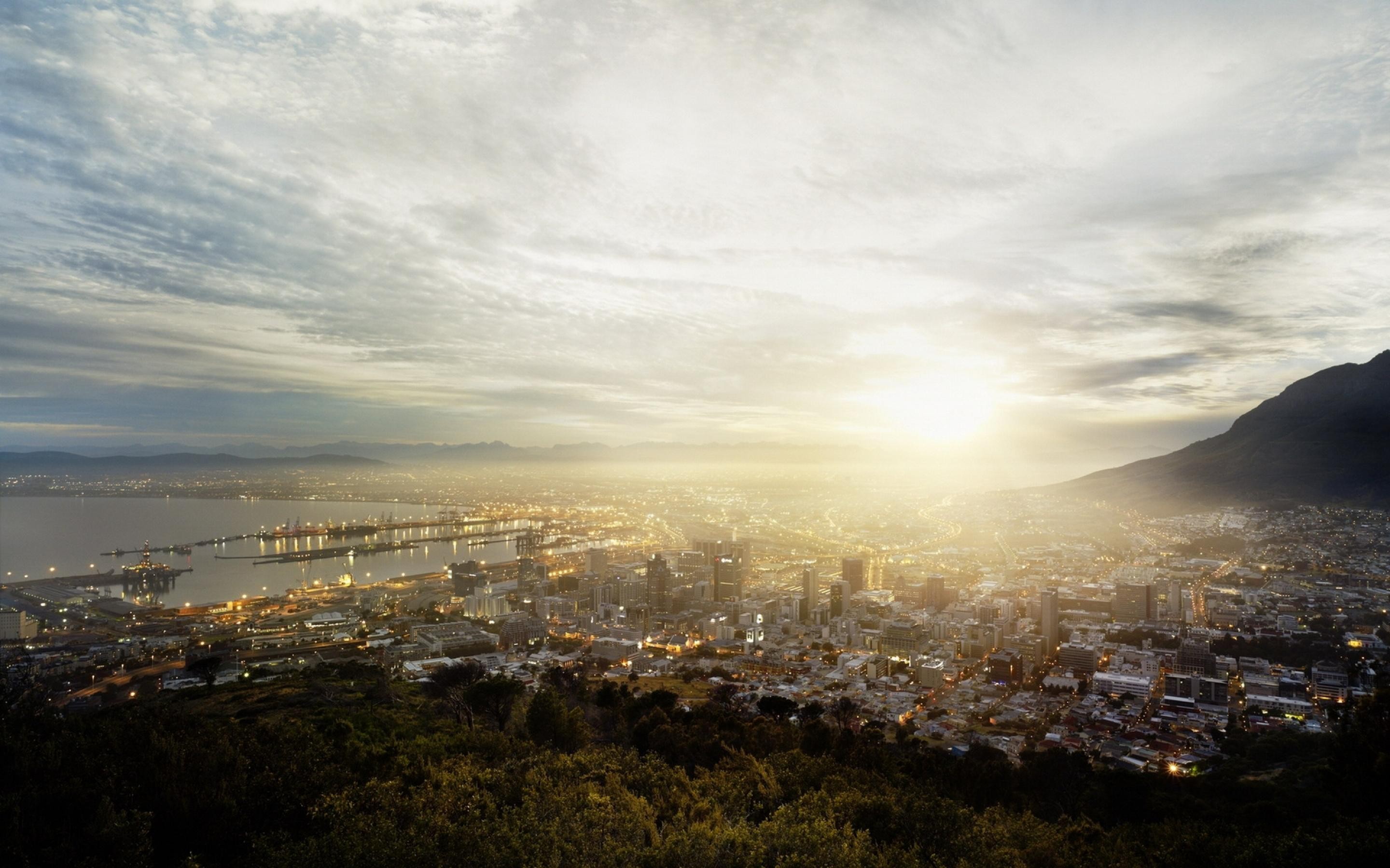 photography, Sunrise, Urban, Cityscape, Sun rays, Water, Sea, City, Cape Town, South Africa Wallpaper