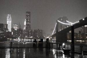 photography, Urban, City, Night, Lights, Building, Reflection, New York City, Brooklyn Bridge, Bridge, Architecture, Cityscape, Sea, Water, Monochrome, Rain