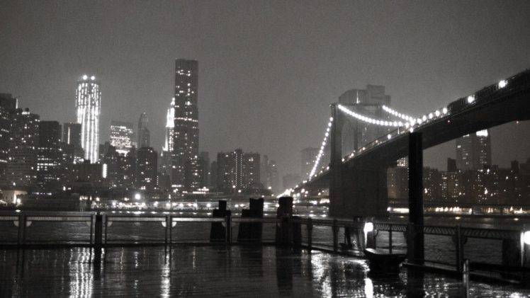 photography, Urban, City, Night, Lights, Building, Reflection, New York City, Brooklyn Bridge, Bridge, Architecture, Cityscape, Sea, Water, Monochrome, Rain HD Wallpaper Desktop Background