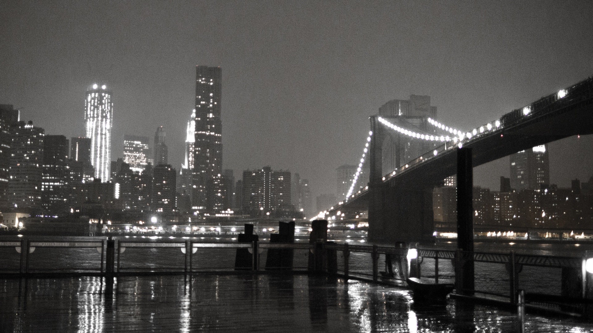 photography, Urban, City, Night, Lights, Building, Reflection, New York City, Brooklyn Bridge, Bridge, Architecture, Cityscape, Sea, Water, Monochrome, Rain Wallpaper