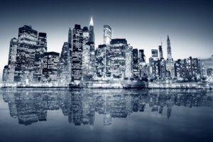 photography, Urban, City, Night, Lights, Building, Reflection, New York City, Cityscape, Sea, Water