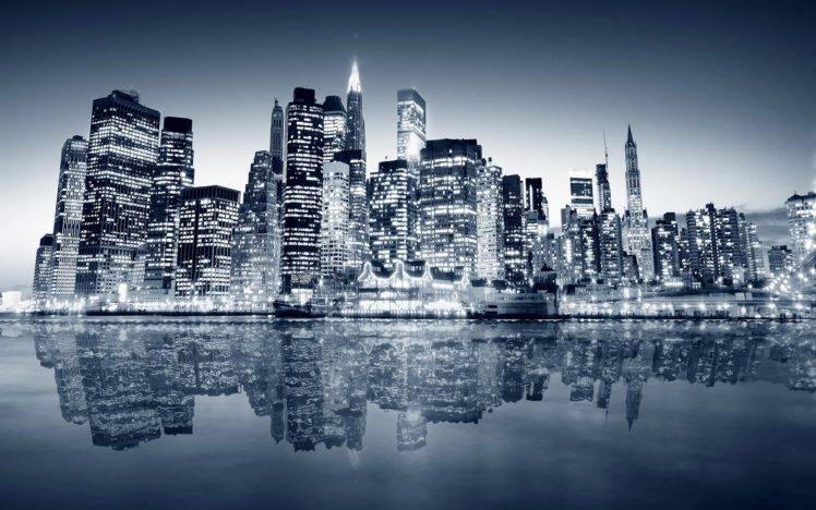 photography, Urban, City, Night, Lights, Building, Reflection, New York City, Cityscape, Sea, Water HD Wallpaper Desktop Background