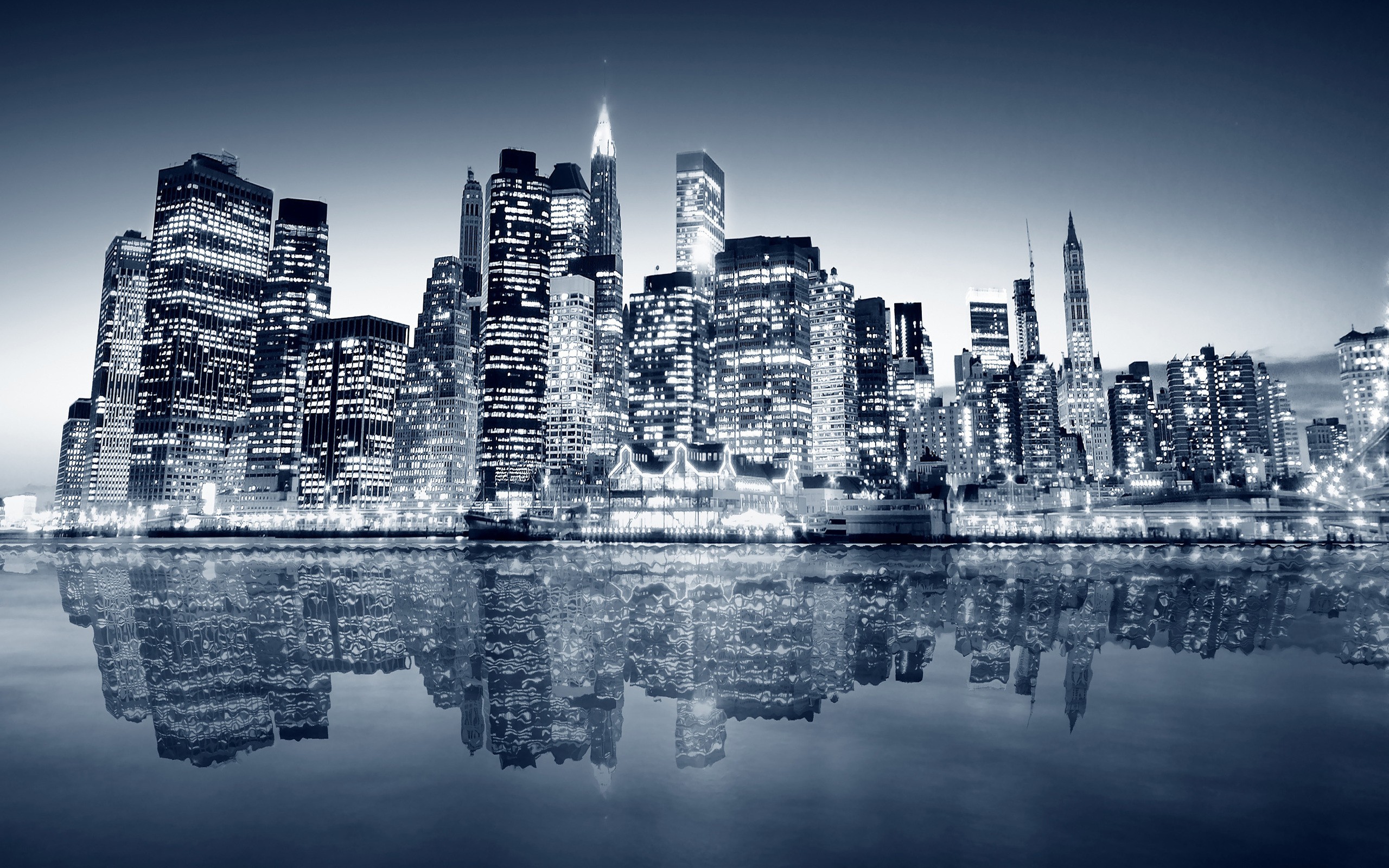 photography, Urban, City, Night, Lights, Building, Reflection, New York City, Cityscape, Sea, Water Wallpaper