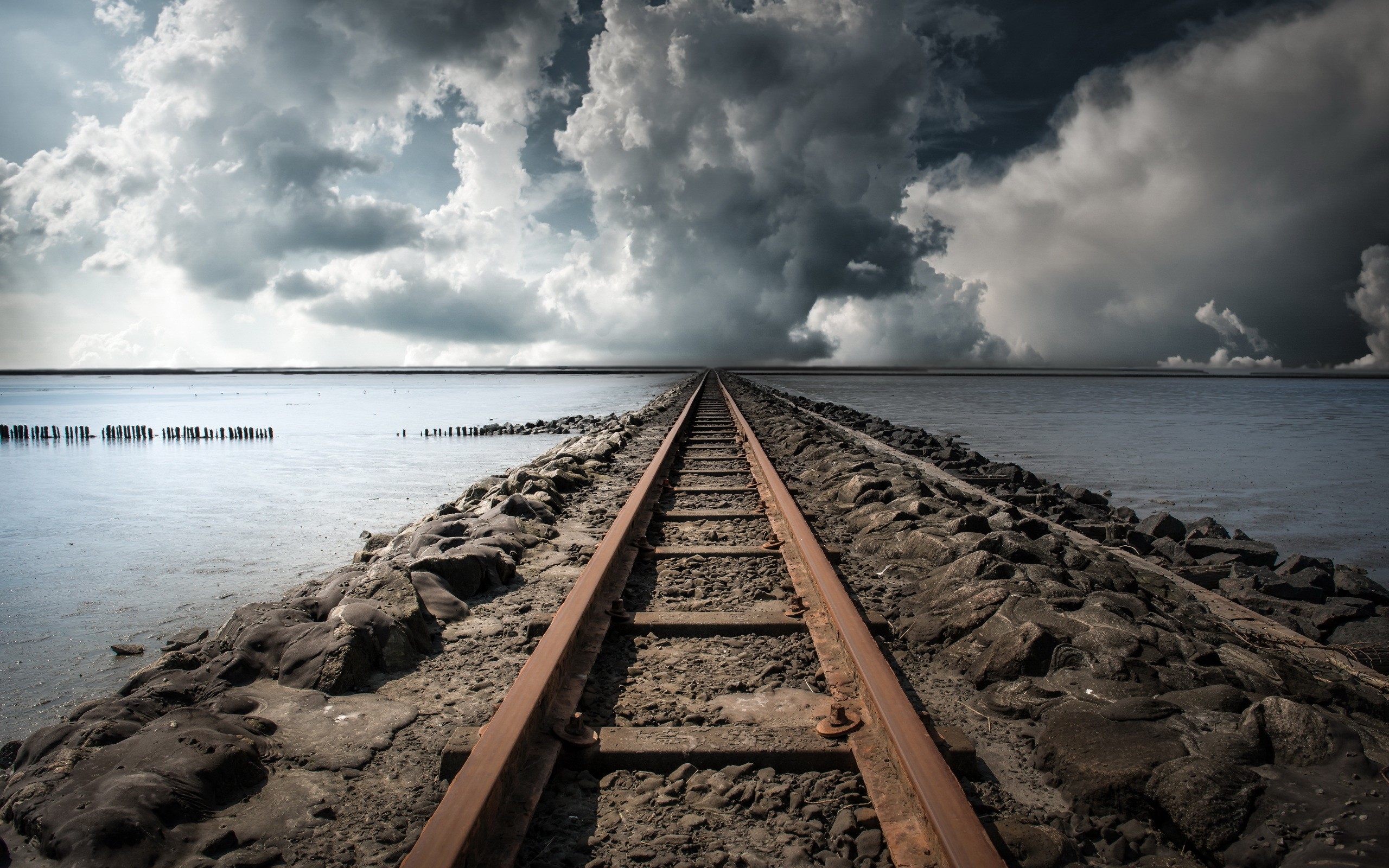 clouds, Railway, Sea Wallpaper