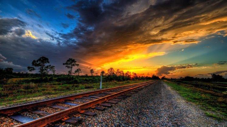 railway, Sunset, HDR HD Wallpaper Desktop Background