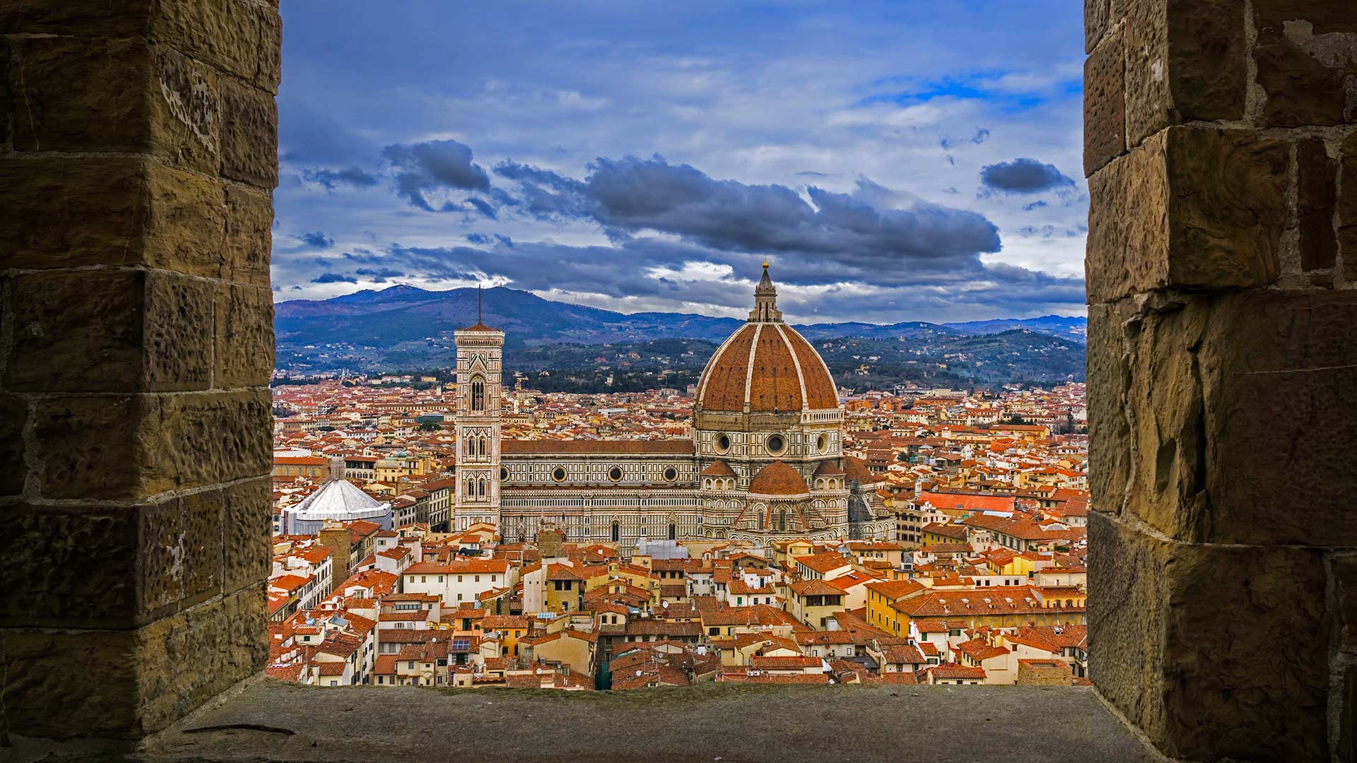 architecture, Building, City, Bricks, Florence, Italy, Ancient, Church, History, Old building, Window, Clouds, Rooftops, Hill, Santa Maria del Fiore Wallpaper