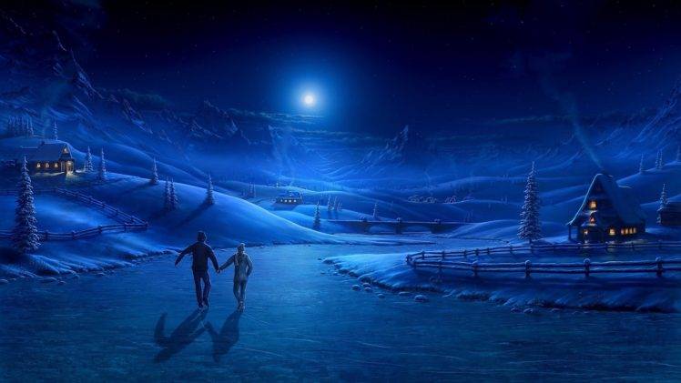 winter, Ice, Night, House, Moon, People, Couple, Trees, Snow HD Wallpaper Desktop Background