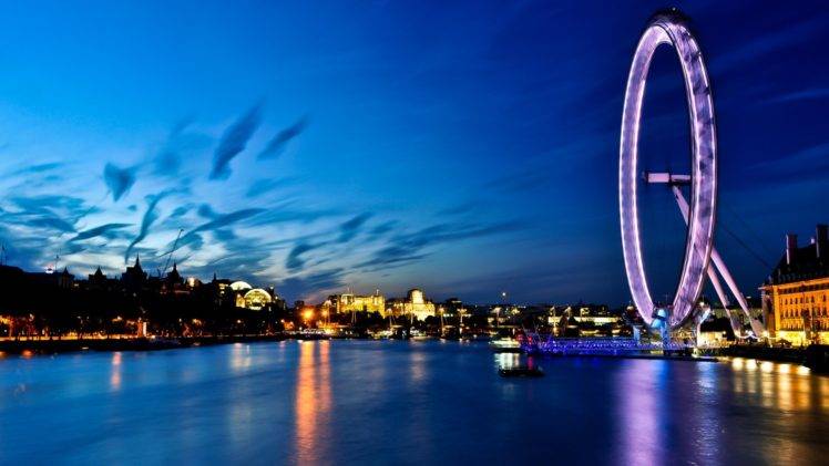 London, Cityscape, London Eye, Ferris wheel, Sea, Boat, River Thames, Photography, River, City, Urban, Lights, Water HD Wallpaper Desktop Background