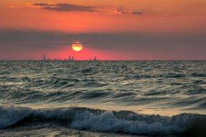 photography, Water, Waves, Sunset, Cityscape