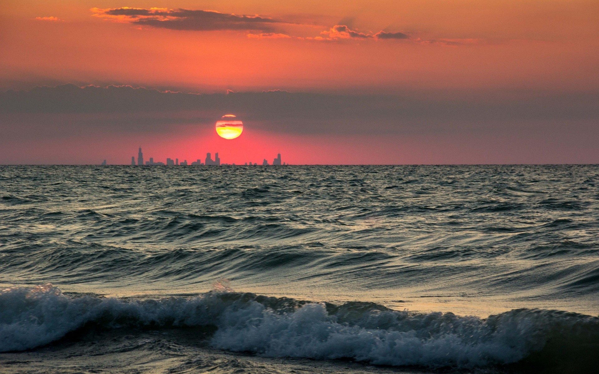 photography, Water, Waves, Sunset, Cityscape Wallpaper