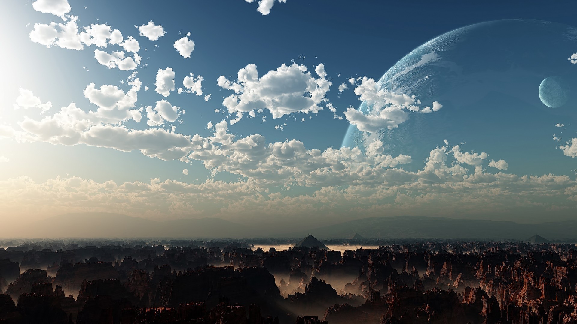 clouds, Pyramid, Planet, Sky, High view, Canyon Wallpaper