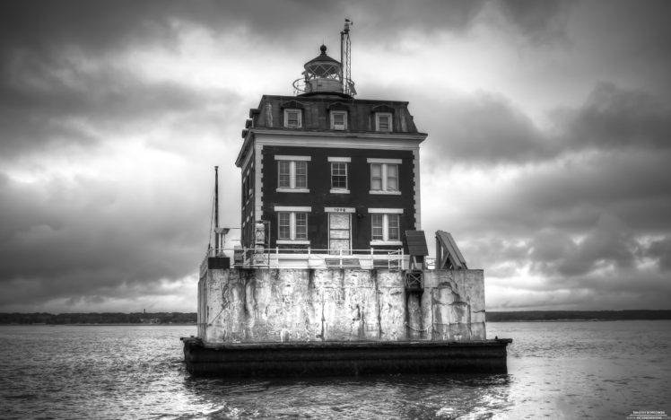 photography, Sea, Water, House, Monochrome, Architecture, New London Ledge Lighthouse HD Wallpaper Desktop Background