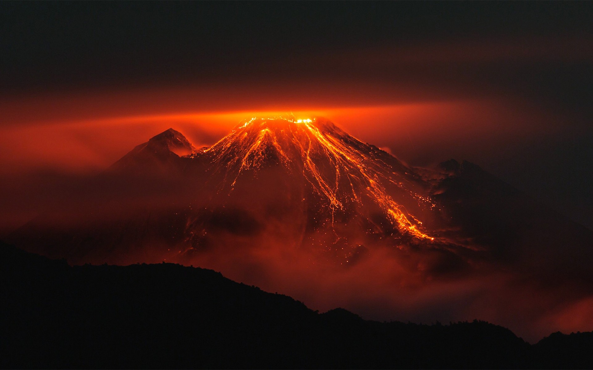 volcano, Orange, Nature, Landscape, Lava, Night, Silhouette, Volcanic eruption, Ecuador, Mountains, Red Wallpaper