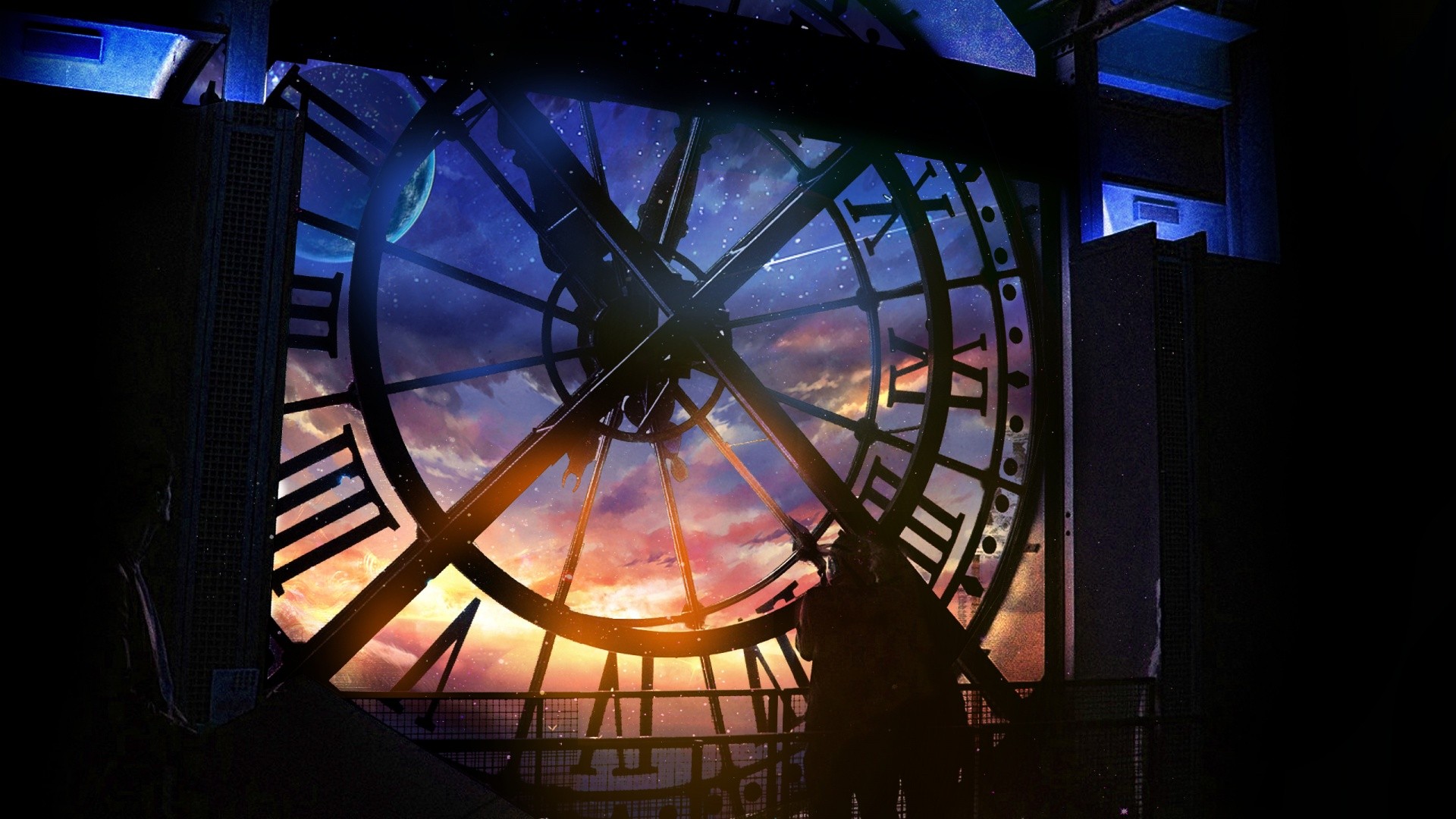 time, Clock tower, Planet, Stars, People, Sky Wallpaper
