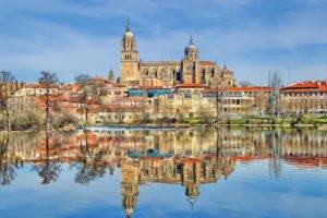 architecture, Building, Old building, Town, House, Spain, Cathedral, Water, Lake, Reflection, Trees, Clouds, Tower