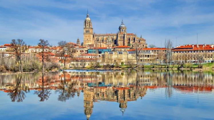 architecture, Building, Old building, Town, House, Spain, Cathedral, Water, Lake, Reflection, Trees, Clouds, Tower HD Wallpaper Desktop Background