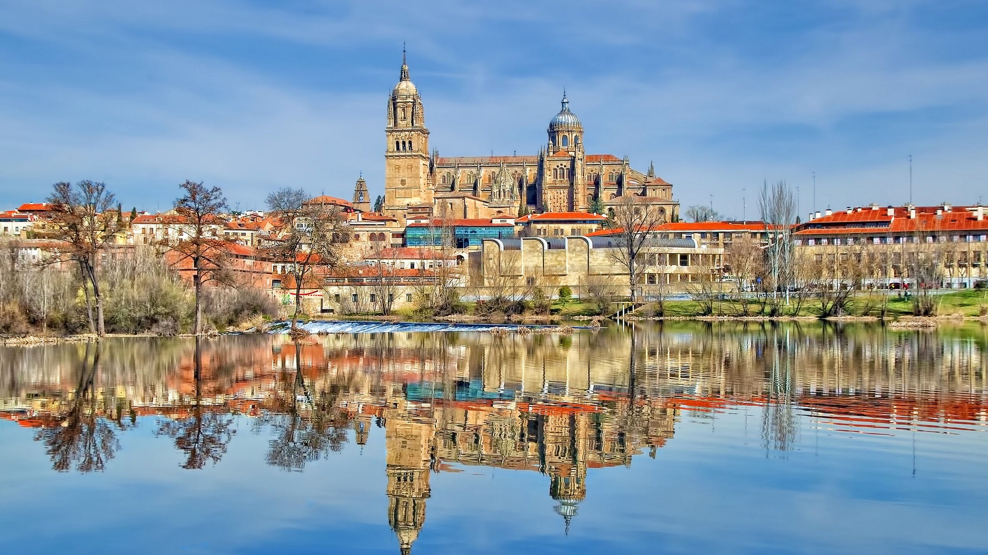 architecture, Building, Old building, Town, House, Spain, Cathedral, Water, Lake, Reflection, Trees, Clouds, Tower Wallpaper