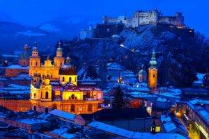 architecture, Building, Old building, Town, House, Salzburg, Austria, Winter, Snow, Evening, Lights, Church, Cathedral, Castle, Hill, Rock, Rooftops, Ancient