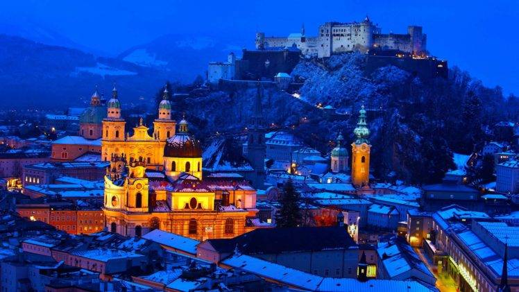 architecture, Building, Old building, Town, House, Salzburg, Austria, Winter, Snow, Evening, Lights, Church, Cathedral, Castle, Hill, Rock, Rooftops, Ancient HD Wallpaper Desktop Background