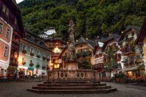 architecture, Building, Old building, Town, House, Town square, Forest, Hallstatt, Austria, Evening, Lights, Sculpture, Angel, Bench
