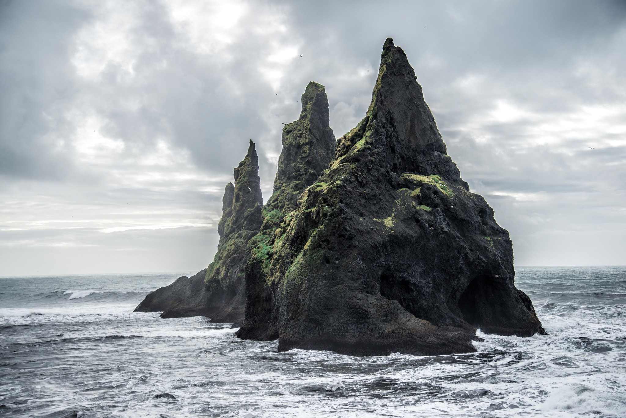 cliff, Sea, Moss, Clouds, Water, Waves Wallpaper