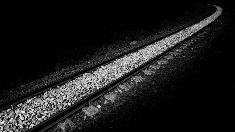 monochrome, Railway, Stones, Night, Black background, Plants, Minimalism, Simple HD Wallpaper Desktop Background