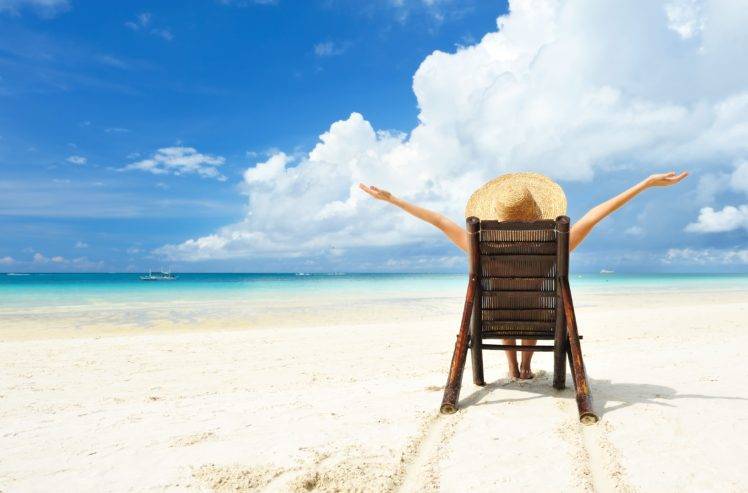beach, Sea, Holiday, Relaxing, Sky, Clouds, Women, Sand HD Wallpaper Desktop Background