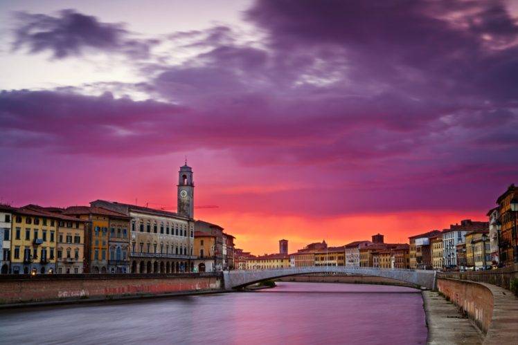 urban, River, Bridge, Clouds, Italy, Sunset HD Wallpaper Desktop Background