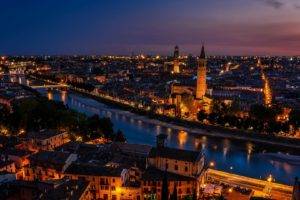 architecture, City, Cityscape, Night, Lights, Building, Verona, Italy, River, Old building, Bridge, Ancient, Church, Tower, Clouds, Reflection, Trees, Rooftops, Street