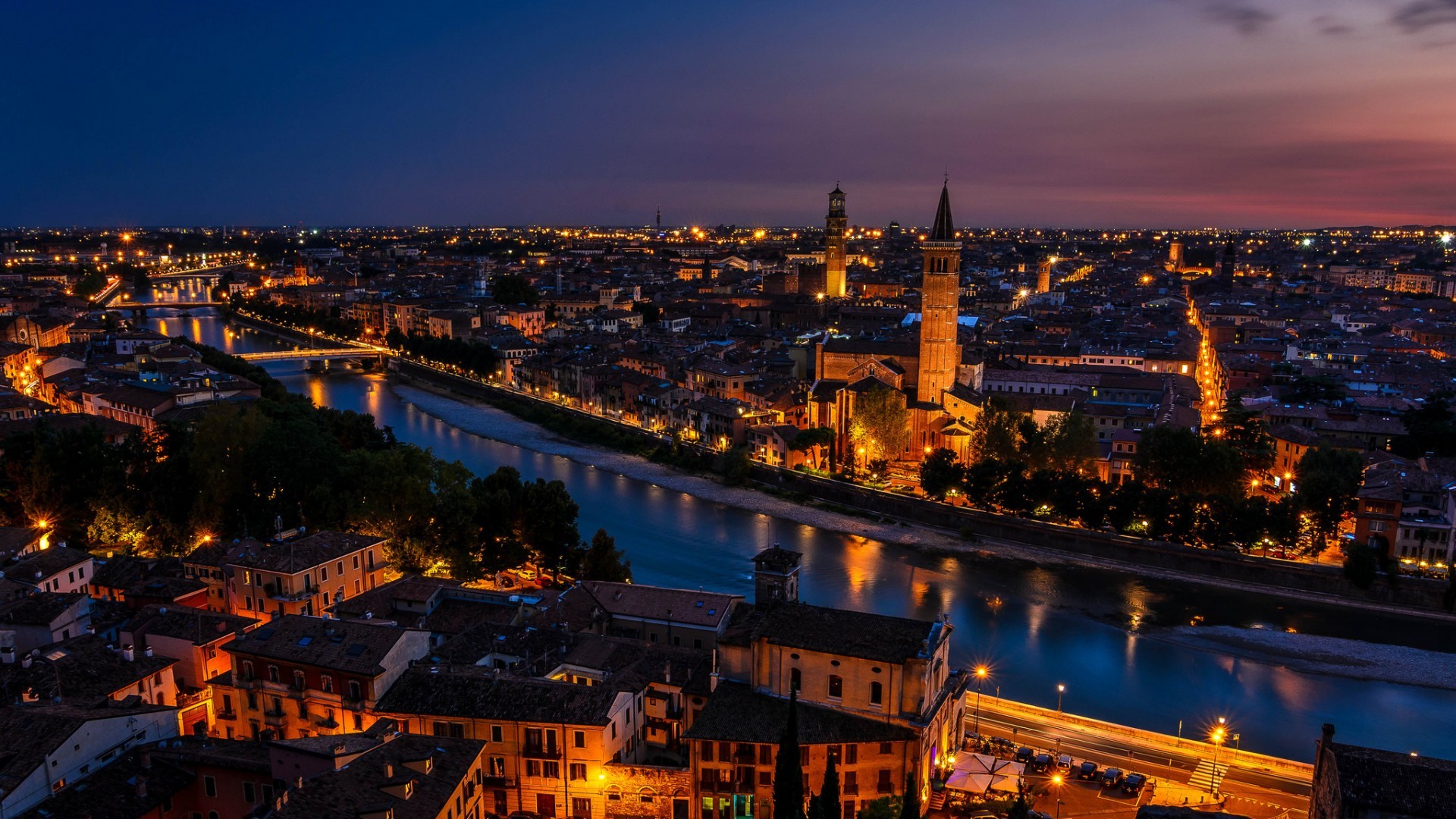 architecture, City, Cityscape, Night, Lights, Building, Verona, Italy, River, Old building, Bridge, Ancient, Church, Tower, Clouds, Reflection, Trees, Rooftops, Street Wallpaper