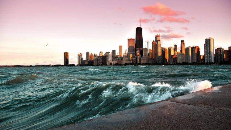 photography, Water, Monochrome, Waves, Cityscape, Urban, Skyscraper, Building, Chicago HD Wallpaper Desktop Background