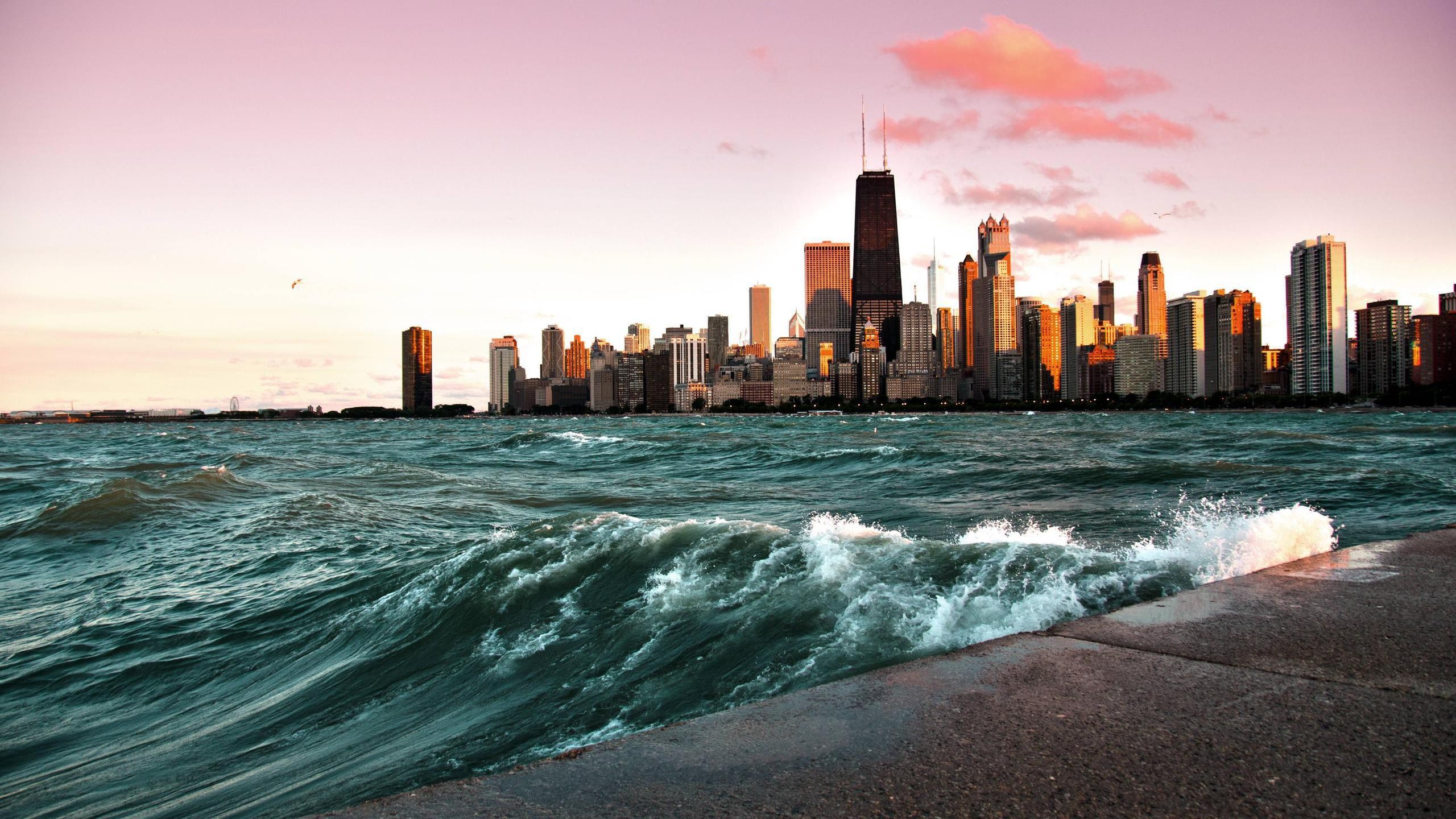 photography, Water, Monochrome, Waves, Cityscape, Urban, Skyscraper, Building, Chicago Wallpaper