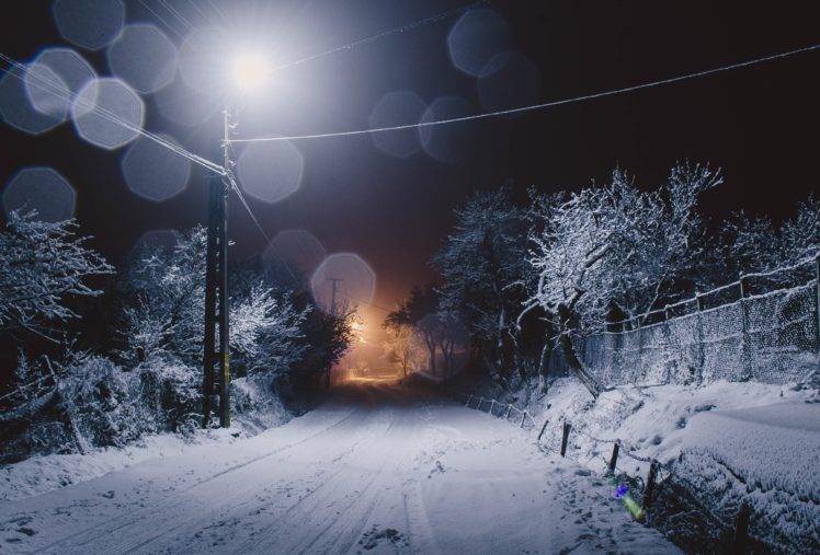 road, Night, Winter, Trees, Snow, Ice, Seasons HD Wallpaper Desktop Background