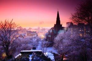 photography, Winter, Trees, Snow, Cityscape, Urban, Building, Church, Lights, City