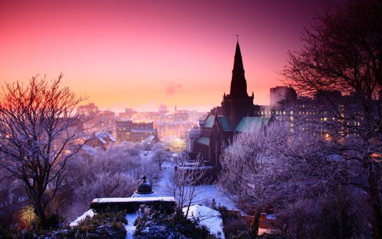 photography, Winter, Trees, Snow, Cityscape, Urban, Building, Church, Lights, City HD Wallpaper Desktop Background