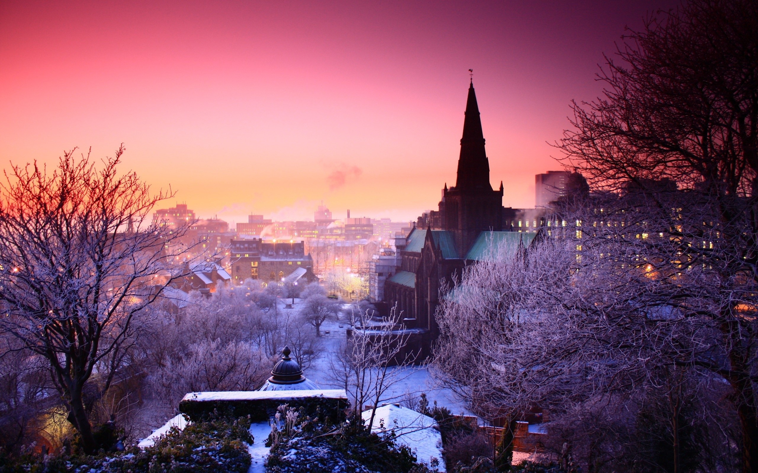 photography, Winter, Trees, Snow, Cityscape, Urban, Building, Church, Lights, City Wallpaper
