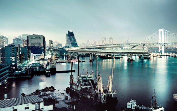 photography, Sea, Water, Urban, Cityscape, Japan, Evening, Lights, Building, Bridge, Reflection HD Wallpaper Desktop Background