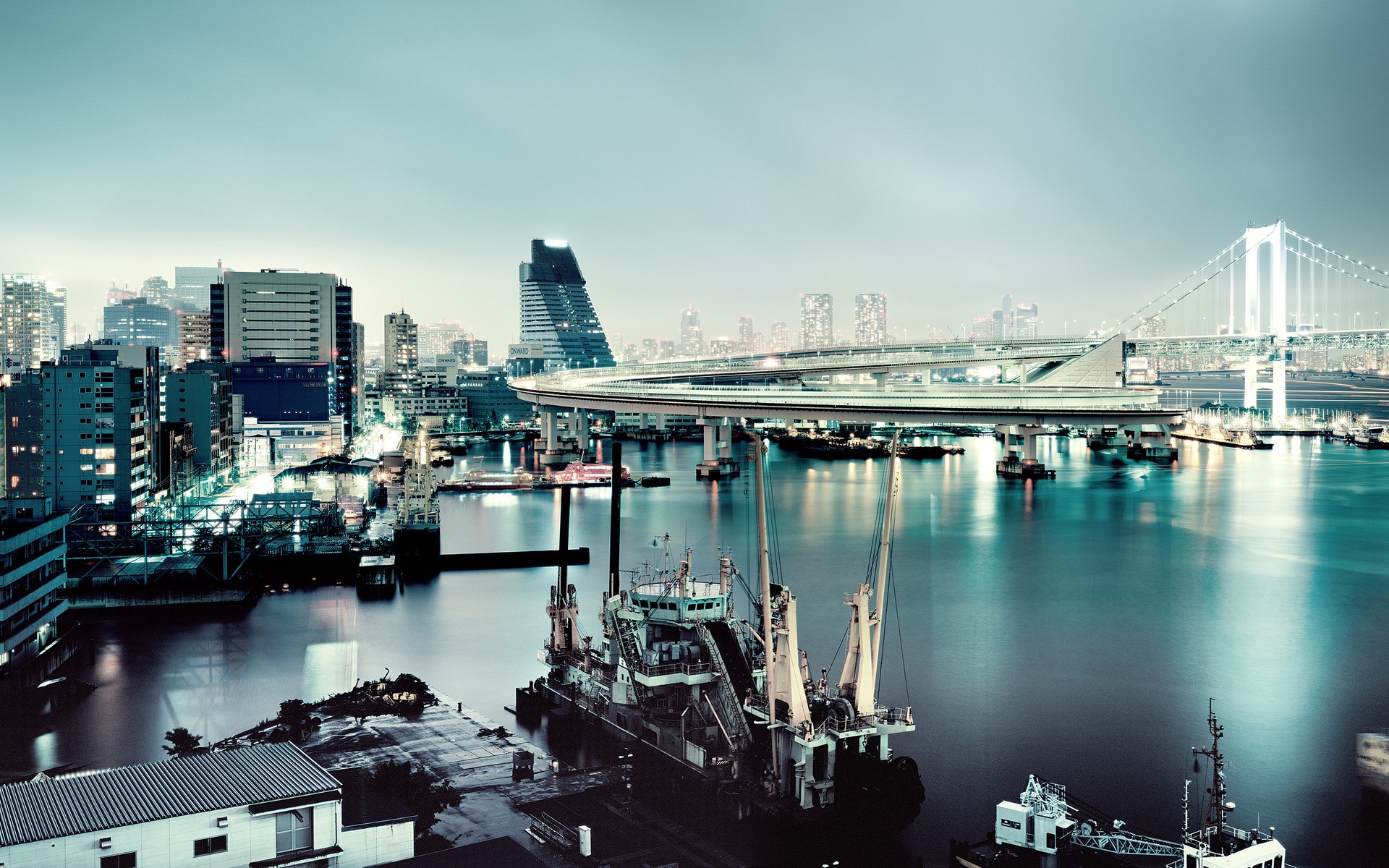 photography, Sea, Water, Urban, Cityscape, Japan, Evening, Lights, Building, Bridge, Reflection Wallpaper