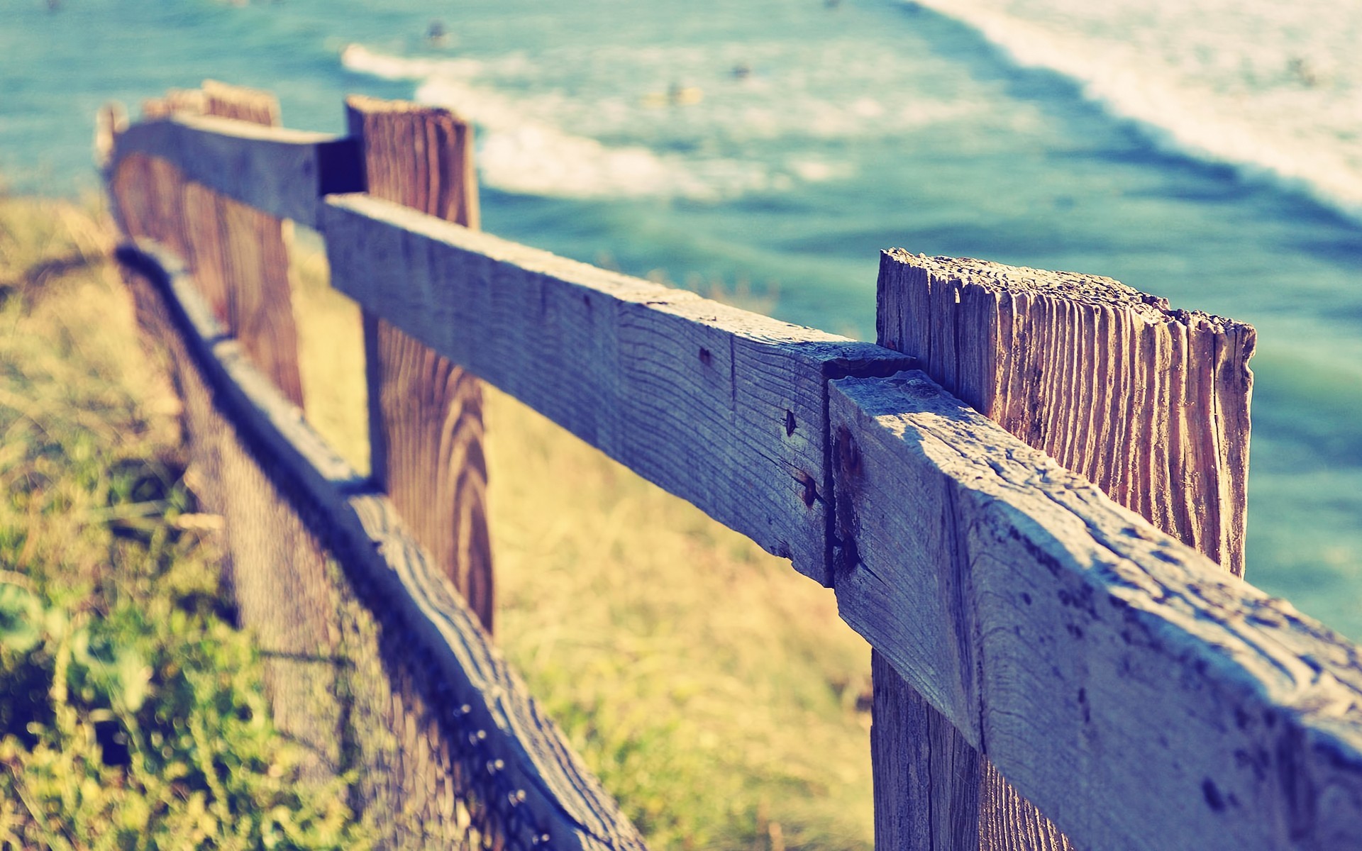 photography, Sea, Water, Coast, Fence, Grass, Depth of field Wallpaper