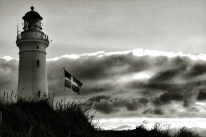 Denmark, Lighthouse, Flag, Clouds, Monochrome
