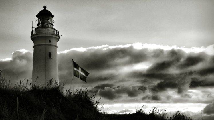 Denmark, Lighthouse, Flag, Clouds, Monochrome HD Wallpaper Desktop Background