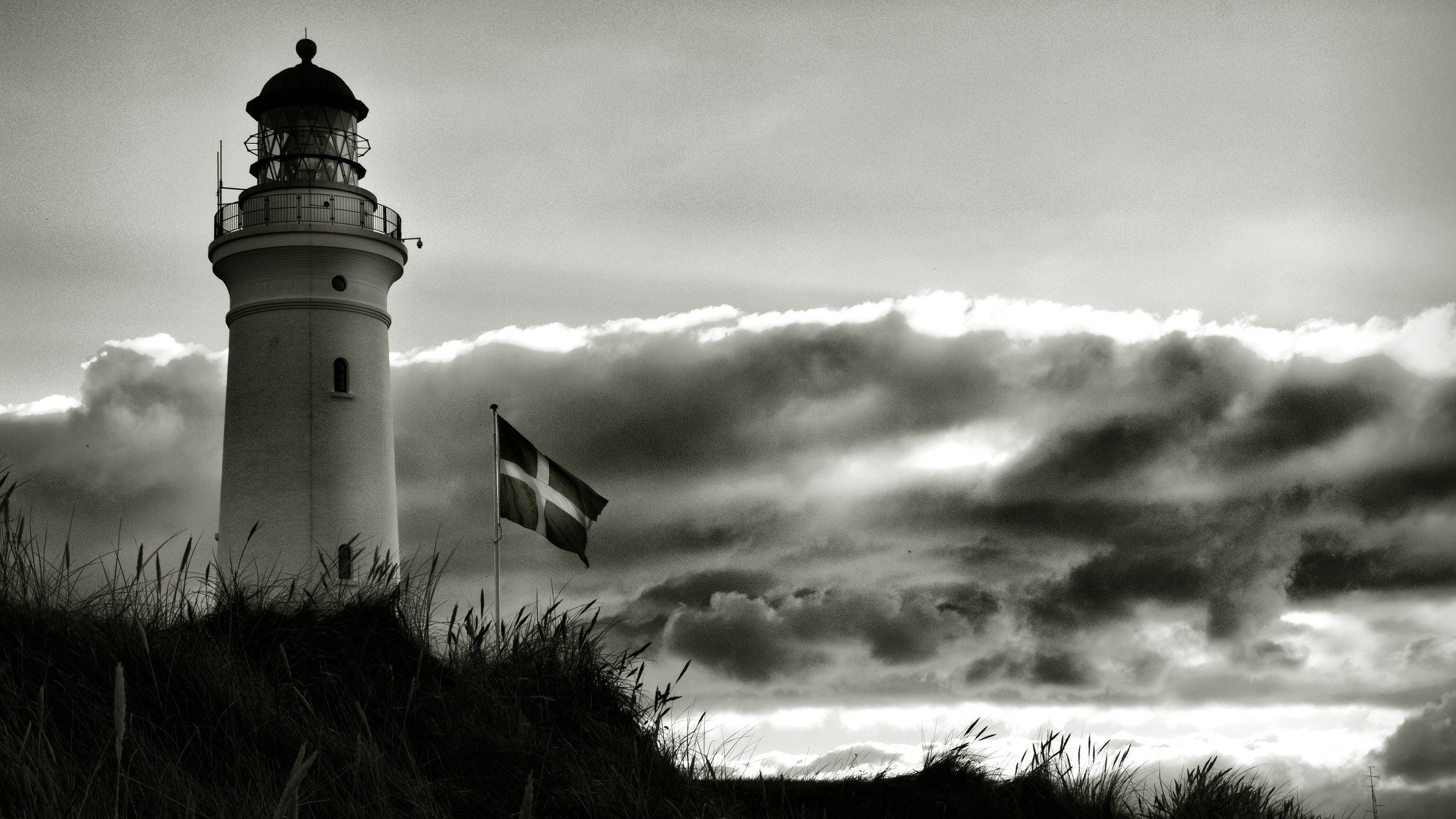 Denmark, Lighthouse, Flag, Clouds, Monochrome Wallpaper