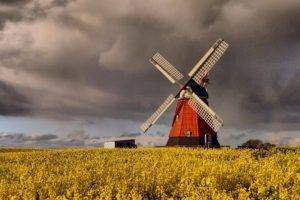 Denmark, Windmills, Clouds, Grain