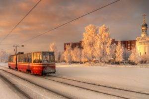 winter, St. Petersburg, City, Tram, Church, Orthodox, Snow, Evening