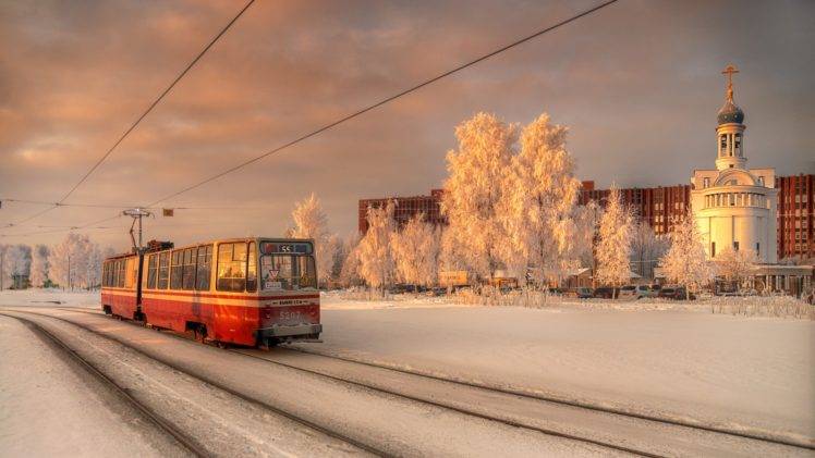 winter, St. Petersburg, City, Tram, Church, Orthodox, Snow, Evening HD Wallpaper Desktop Background