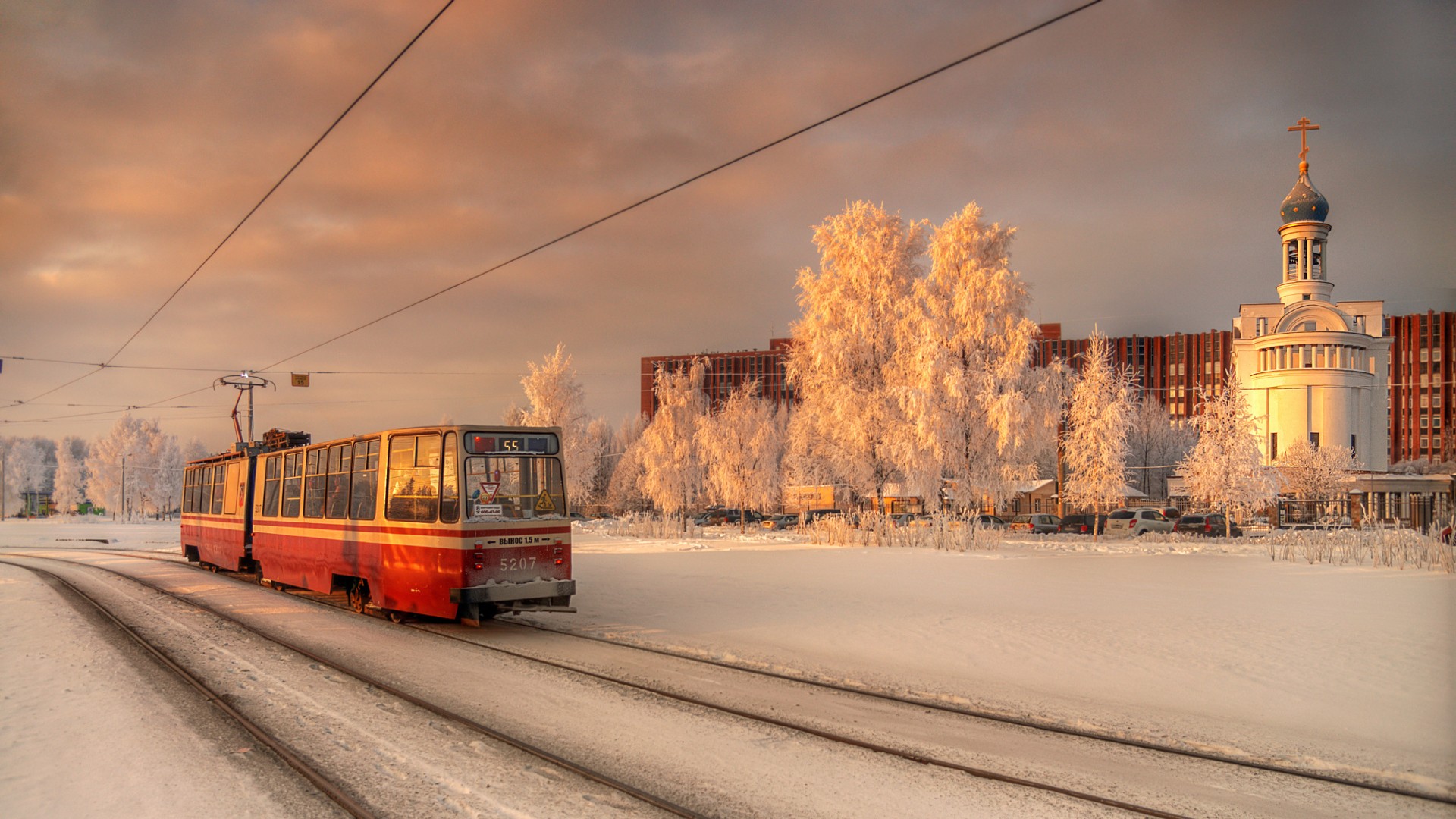 winter, St. Petersburg, City, Tram, Church, Orthodox, Snow, Evening Wallpaper