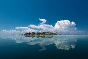 island, Sea, Water, Clouds, Reflection, Palm trees